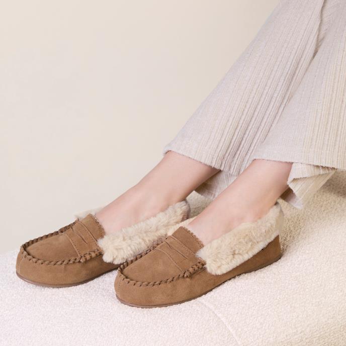 Isotoner® Ladies Fur Lined Suede Moccasin Slipper With Keeper Tab Tan